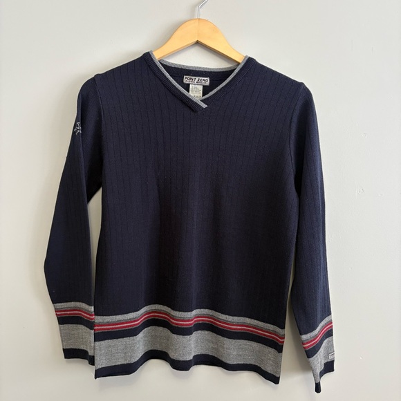Point Zero Tops - Vintage Point Zero Nicole Benisti Navy Ribbed V-Neck Sweater Striped Hem Y2K